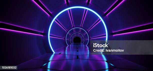 Scifi Futuristic Abstract Gradient Blue Purple Pink Neon Glowing Circle Round Corridor On Reflection Concrete Floor Dark Interior Room Empty Space Spaceship Technology Concept 3d Rendering Stock Photo - Download Image Now