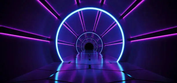 Photo of Sci-Fi Futuristic Abstract Gradient Blue Purple Pink Neon Glowing Circle Round Corridor On Reflection Concrete Floor Dark Interior Room Empty Space Spaceship Technology Concept 3D Rendering