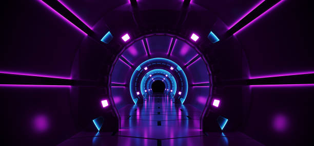 istock Sci-Fi Futuristic Abstract Gradient Blue Purple Pink Neon Glowing Circle Round Corridor On Reflection Concrete Floor Dark Interior Room Empty Space Spaceship Technology Concept 3D Rendering 1026181046
