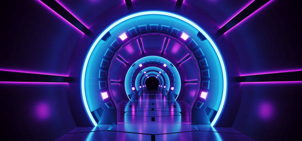 istock Sci-Fi Futuristic Abstract Gradient Blue Purple Pink Neon Glowing Circle Round Corridor On Reflection Concrete Floor Dark Interior Room Empty Space Spaceship Technology Concept 3D Rendering 1026181064