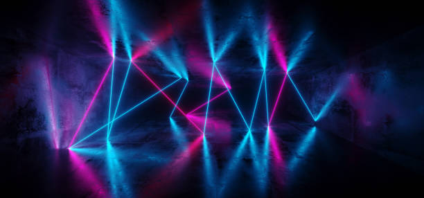 istock Sci-Fi Futuristic Abstract Gradient Blue Purple Pink Neon Glowing Chaotic Laser Bouncing Shaped Lights On Reflection Concrete Room Dark Interior Empty Space Spaceship 3D Rendering 1026181088