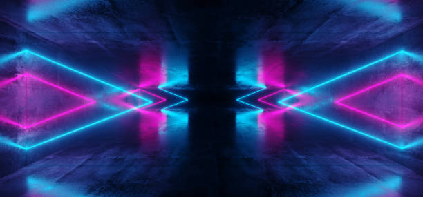 istock Sci-Fi Futuristic Abstract Gradient Blue Purple Pink Neon Glowing Triangle Shaped Tubes On Reflection Grunge Concrete Room Walls Dark Interior Empty Space Spaceship 3D Rendering 1026181106
