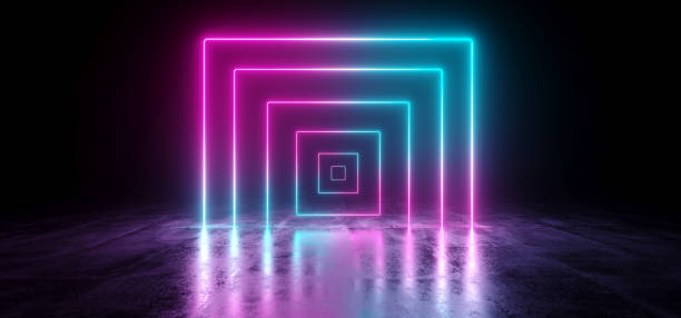 istock Sci-Fi Futuristic Abstract Gradient Blue Purple Pink Neon Glowing Rectangle Cube Square Shape Tubes On Reflection Concrete Floor Dark Interior Room Empty Space Spaceship 3D Rendering 1026181144