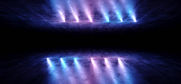 istock Sci-Fi Futuristic Abstract Gradient Blue Purple Pink Neon Glowing Tubes On Reflection Concrete Floor Dark Interior Room Empty Space Spaceship 3D Rendering 1026181244