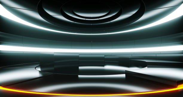 istock Futuristic Sci-Fi Interior Round Dark Light Glowing Spaceship Interior With Blue White And Orange Lights  And Reflection Materials Empty Space Technology Concept 3D Rendering 1026181292