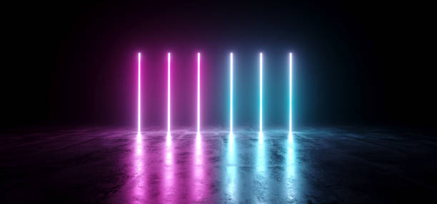 istock Sci-Fi Futuristic Abstract Gradient Blue Purple Pink Neon Glowing Tubes On Reflection Concrete Floor Dark Interior Room Empty Space Spaceship 3D Rendering 1026181336