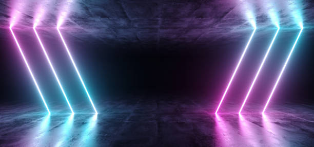 istock Sci-Fi Futuristic Abstract Gradient Blue Purple Pink Neon Glowing Tubes On Reflection Concrete Floor Dark Interior Room Empty Space Spaceship 3D Rendering 1026181394
