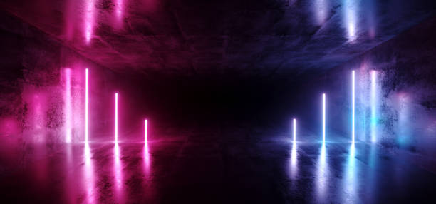 istock Sci-Fi Futuristic Abstract Gradient Blue Purple Pink Neon Glowing Tubes On Reflection Concrete Floor Dark Interior Room Empty Space Spaceship 3D Rendering 1026181556
