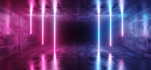 istock Sci-Fi Futuristic Abstract Gradient Blue Purple Pink Neon Glowing Tubes On Reflection Concrete Floor Dark Interior Room Empty Space Spaceship 3D Rendering 1026181798