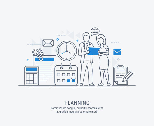 Flat line illustration of business planning Flat line illustration of business planning, market research, analysis, business management, strategy, finance and investment, business success. For web banners and printed materials. clock illustrations stock illustrations