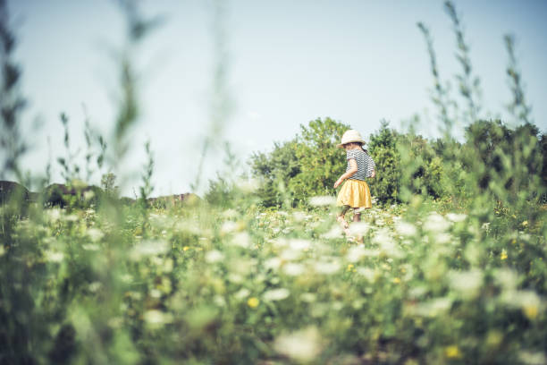 Little girl in a yellow skirt is walking in a field full with wild flowers