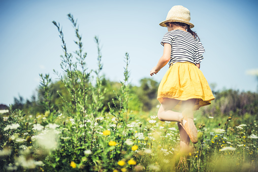 Little girl in a yellow skirt is running in a field full with wild flowers