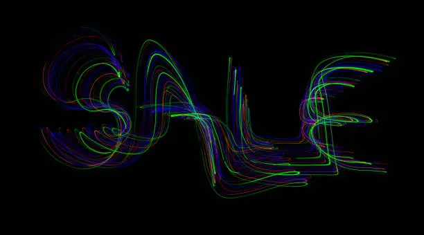 The word ‘SALE’ painted in the air in motion trails, captured on a long exposure. This text light painting on a black background consists of vibrant neon green and other bright colours which are abstract, modern, stylish and unique. v3
