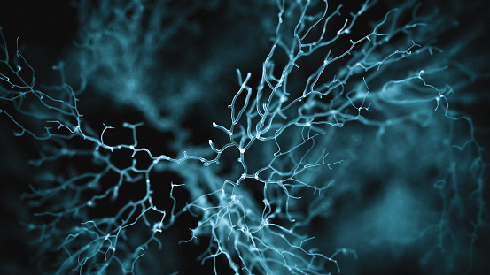 Neuron cells system - 3d rendered image of Neuron cell network on black background. Hologram view  interconnected neurons cells with electrical pulses. Conceptual medical image.  Glowing synapse.  Healthcare concept.