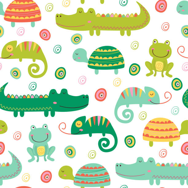 illustrazioni stock, clip art, cartoni animati e icone di tendenza di motivo senza cuciture con rettile colorato e anfibio - chameleon reptile colors living organism