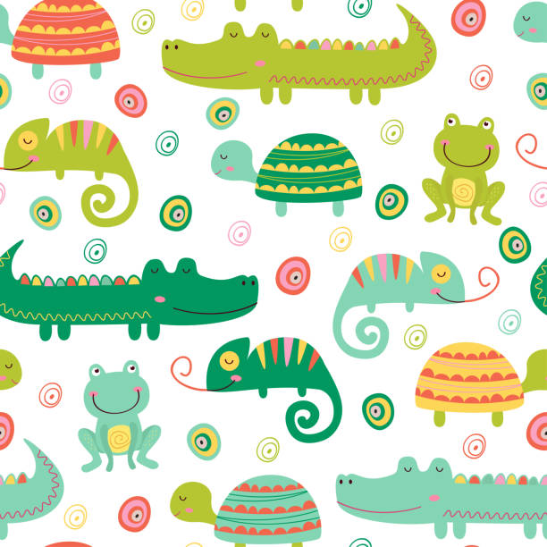 seamless pattern with colorful reptile and amphibian seamless pattern with colorful reptile and amphibian -  vector illustration, eps amphibian illustrations stock illustrations