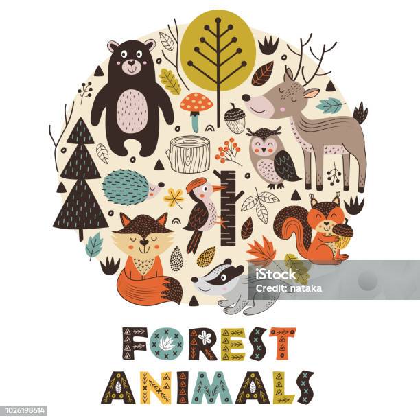 Animaux De La Forêt Dans Le Cercle De Style Scandinave Vecteurs libres de droits et plus d'images vectorielles de Faune