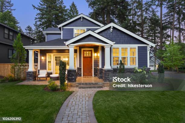 Beautiful Luxury Home Exterior At Twilight Stock Photo - Download Image Now - House, Residential Building, Outdoors