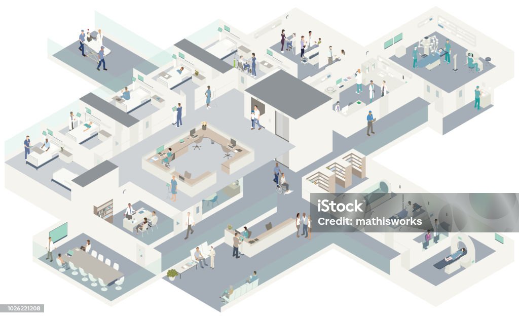Isometric hospital cutaway Detailed vector illustration of a contemporary hospital in isometric view. Cutaway reveals several rooms including a waiting area, conference room and administrative offices, surgery, lab, MRI, X-ray and scanning rooms, emergency, hospital pharmacy, a clinic section, and on the second level, patient rooms surrounded by a nurse's station. More than 50 unique people and an array of medical equipment and technology complete the scene. Hospital stock vector