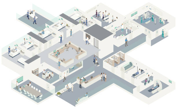 Isometric hospital cutaway Detailed vector illustration of a contemporary hospital in isometric view. Cutaway reveals several rooms including a waiting area, conference room and administrative offices, surgery, lab, MRI, X-ray and scanning rooms, emergency, hospital pharmacy, a clinic section, and on the second level, patient rooms surrounded by a nurse's station. More than 50 unique people and an array of medical equipment and technology complete the scene. hospital illustrations stock illustrations
