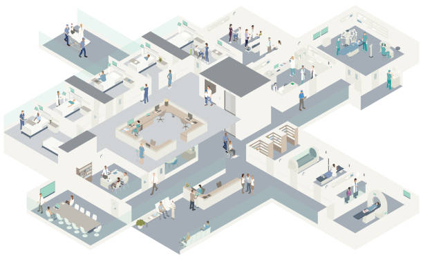 Isometric hospital cutaway Detailed vector illustration of a contemporary hospital in isometric view. Cutaway reveals several rooms including a waiting area, conference room and administrative offices, surgery, lab, MRI, X-ray and scanning rooms, emergency, hospital pharmacy, a clinic section, and on the second level, patient rooms surrounded by a nurse's station. More than 50 unique people and an array of medical equipment and technology complete the scene. pharmacy store stock illustrations