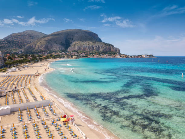 Mondello Beach Aerial view of Mondello Beach located near Palermo, Sicily.  Many umbrellas on the beach. palermo sicily stock pictures, royalty-free photos & images