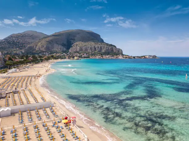 Aerial view of Mondello Beach located near Palermo, Sicily.  Many umbrellas on the beach.