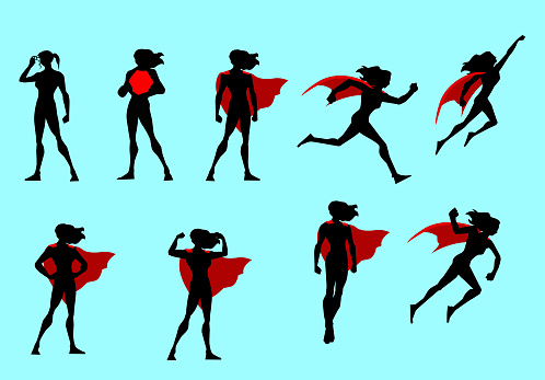 A set of silhouette illustrations of a superhero woman in many different poses. Isolated easy to grab and edit.