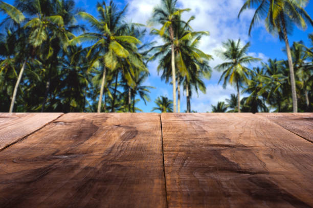 istock Empty wooden table against defocused coconut palm trees 1026263182