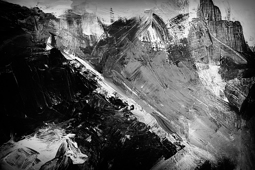 Abstract acrylic mountains on canvas with brush strokes and texture. Black and white. My own work.