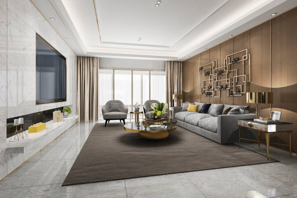 istock 3d rendering loft luxury living room with bookshelf 1026277278