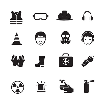 Safety and Health Icons, Safety work equipment and protective, set of 16 editable filled, Simple clearly defined shapes in one color.