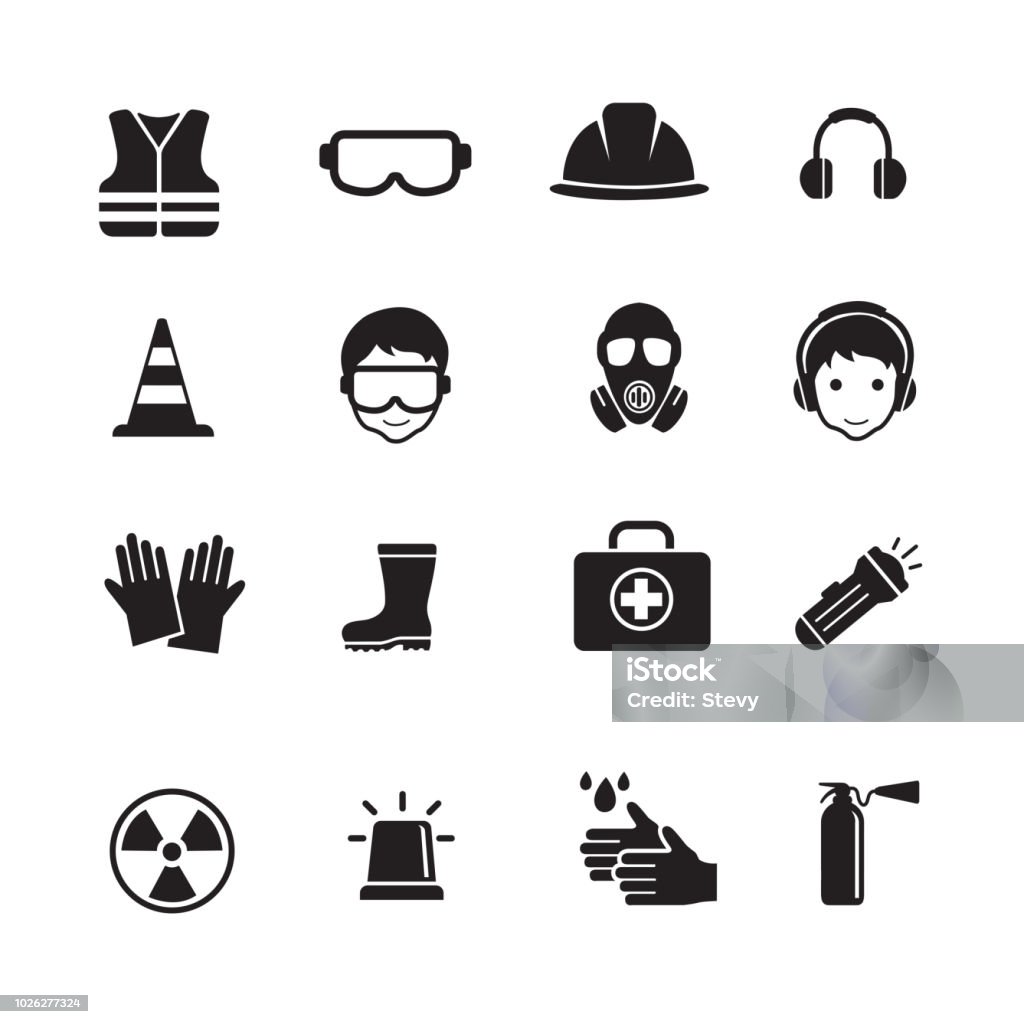 Safety and Health Icons Safety and Health Icons, Safety work equipment and protective, set of 16 editable filled, Simple clearly defined shapes in one color. Icon Symbol stock vector