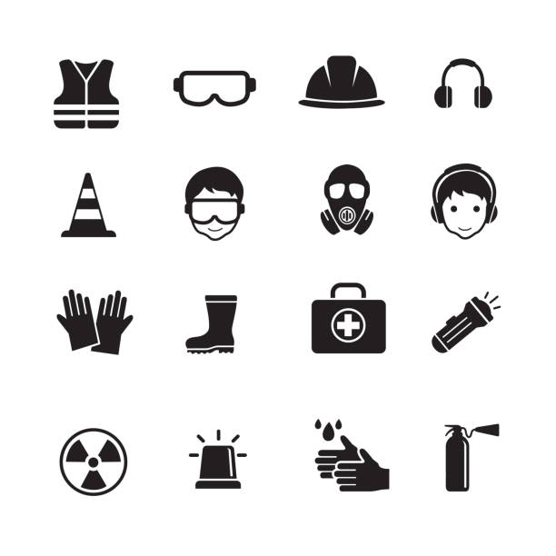 Safety and Health Icons Safety and Health Icons, Safety work equipment and protective, set of 16 editable filled, Simple clearly defined shapes in one color. glove stock illustrations