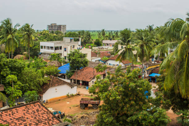 Village houses trees old top view background