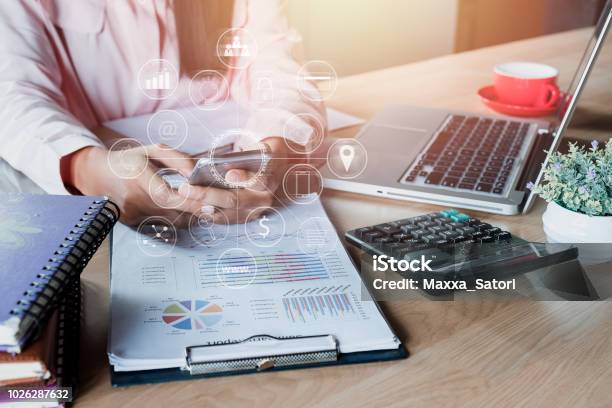 Business Woman Hand Using Smartphone With Digital Marketing Via Multichannel Communication Network On Mobile Application Technology Stock Photo - Download Image Now