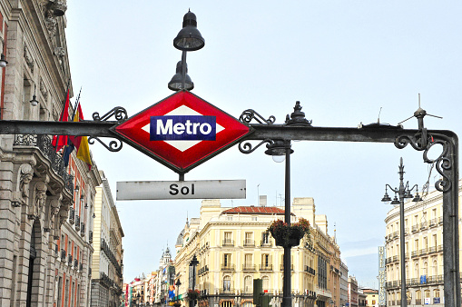 Metro station sign in Plaza del Sol (Puerta del Sol) central square in Madrid Spain.