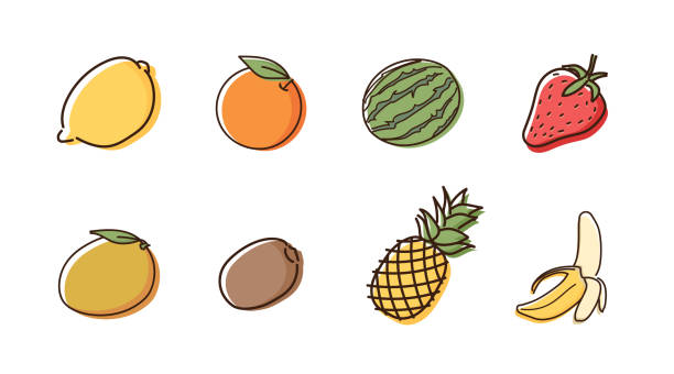 satz von 8 obst kritzeleien mit aquarell-stil. vektor handgezeichneten illustrationen symbol - orange frucht stock-grafiken, -clipart, -cartoons und -symbole
