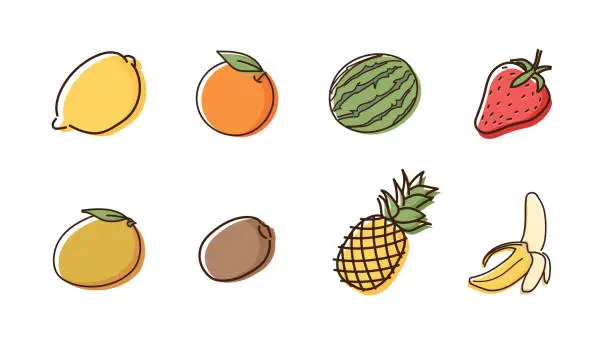 Vector illustration of Set of 8 fruit doodles with watercolor style. Vector hand drawn icon illustrations