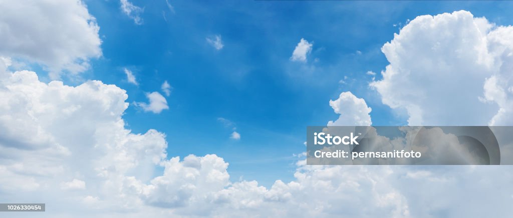clouds and bright blue sky background, panoramic angle view white cloud and bright blue sky for background Sky Stock Photo