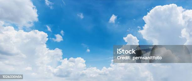 Clouds And Bright Blue Sky Background Panoramic Angle View Stock Photo - Download Image Now