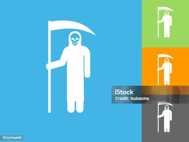 Grim Reaper Holding Scythe Flat Icon On Blue Background Stock Illustration - Download Image Now