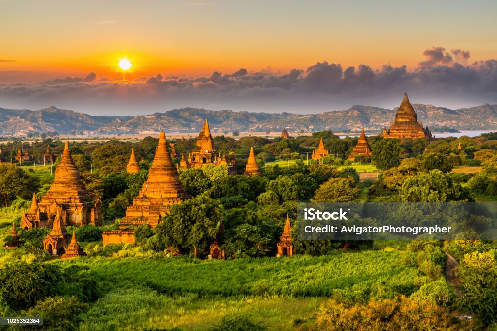 Ancient temple in Bagan after sunset, Myanmar temples in the Bagan Archaeological Zone, Myanmar. Bagan Stock Photo
