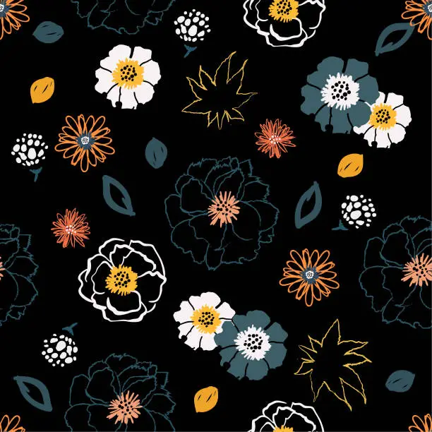 Vector illustration of Flowers pop art colorful line hand drawn brush style seamless pattern vector design for fashion,fabric,wallpaper and all prints
