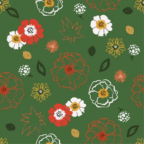 Vector illustration of Flowers pop art  line hand drawn brush style seamless pattern vector design for fashion,fabric,wallpaper and all prints