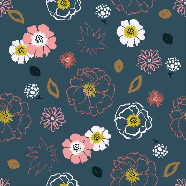 Vector illustration of Beautiful Flowers pop art colorful line hand drawn brush style seamless pattern vector design for fashion,fabric,wallpaper and all prints