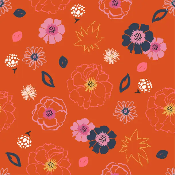 Vector illustration of Bright summer Flowers pop art colorful line hand drawn brush style seamless pattern vector design for fashion,fabric,wallpaper and all prints