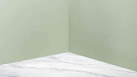 Empty corner pale green concrete wall and  white marble floor perspective room,Modern style room,Mock up for display of product,business presentation