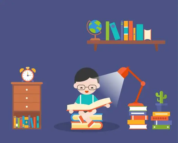 Vector illustration of boy reading book in the dark with lamp and book, back to school and education theme
