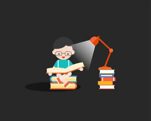 Vector illustration of happy boy reading book in the dark with lamp and book, back to school and education theme, flat design